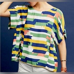 Anthropologie Maeve Milla Viscose Stripe Print Short Sleeve Blouse Size Medium.